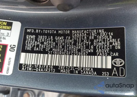 2015 Toyota Corolla Le Plus from USA, damaged, VIN 2T1BURHE6FC259687
